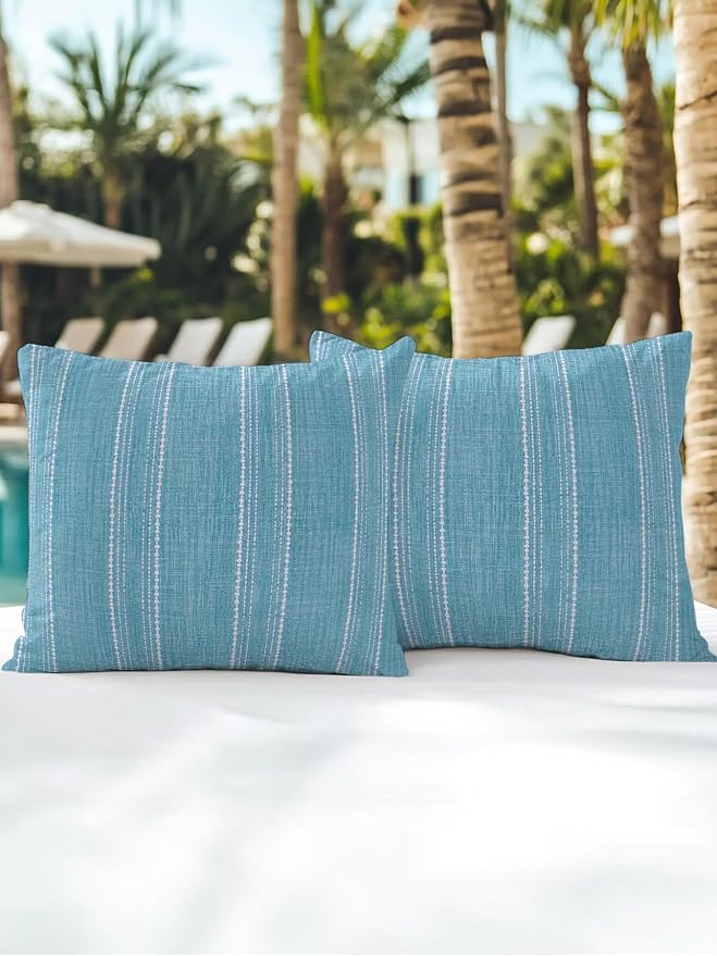 Waterproof Outdoor Pillow Set of 2 Blue Linen Stripes Decorative Throw Pillows Cover & Insert 18x18 Inch Pillowcase Parallel Vertical Lines Pillows for Couch Sofa Bed Patio Furniture Indoor Outdoor