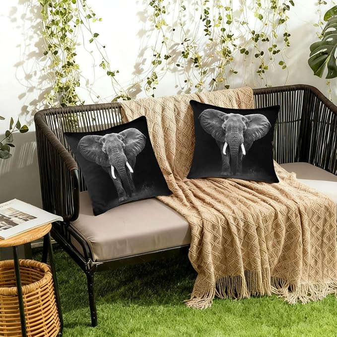 22x22 Inch Outdoor Pillow Covers Set of 2 Waterproof Throw Pillow Covers Decorative Couch Cushion Covers Black Elephant Square Pillowcases Protectors for Patio Garden Sofa