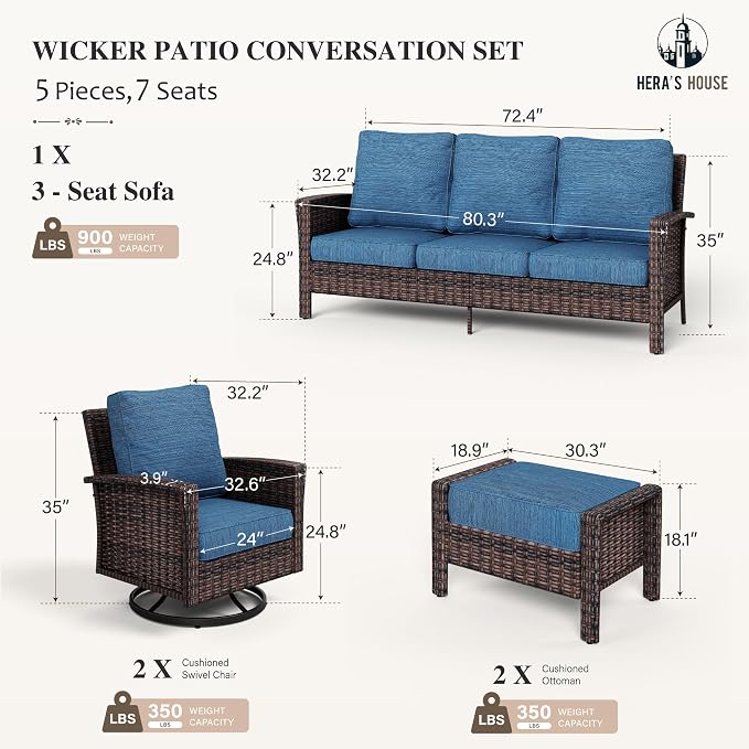 HERA'S HOUSE Patio Furniture Set, 5 Pieces Outdoor Seating Set, 35" High Back Swivel Chairs with 5.5" Thick Cushions, Brown Wicker Conversation Set with Ottomans for Deck Lawn Yard, Peacock Blue