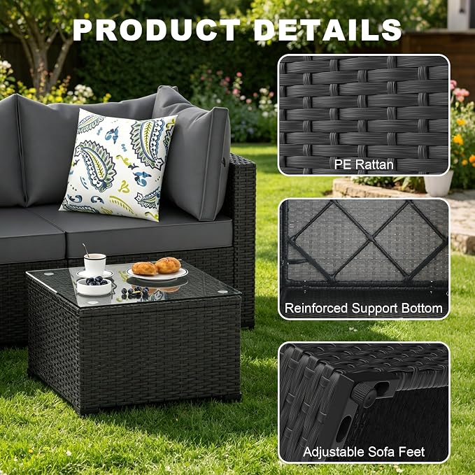 5 Piece Patio Furniture Sets, Outdoor Patio Set Sectional Sofa, All-Weather PE Rattan Couch with Cushion, Glass Table for Gatherings, Parties, Sports Viewing (Gray, 6-Piece Fire Pit Table Set)