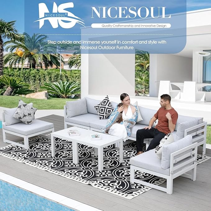 NICESOUL 14 Pcs Extra Large Modern Aluminum Outdoor Sofa with Coffee Table, 29" Deep Wide Seat, 500 lbs Durable Sectional Set for Heavy People,High End Patio Furniture Set for Backyard, Light Gray