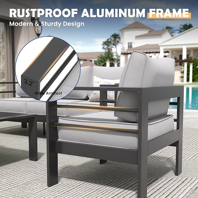 Amopatio Aluminum Patio Furniture Set, 7 Pieces Modern Patio Conversation Sets, Outdoor Sectional Metal Sofa with Coffee Table for Balcony, Garden, Dark Grey&Light Grey (Included Waterproof Covers)