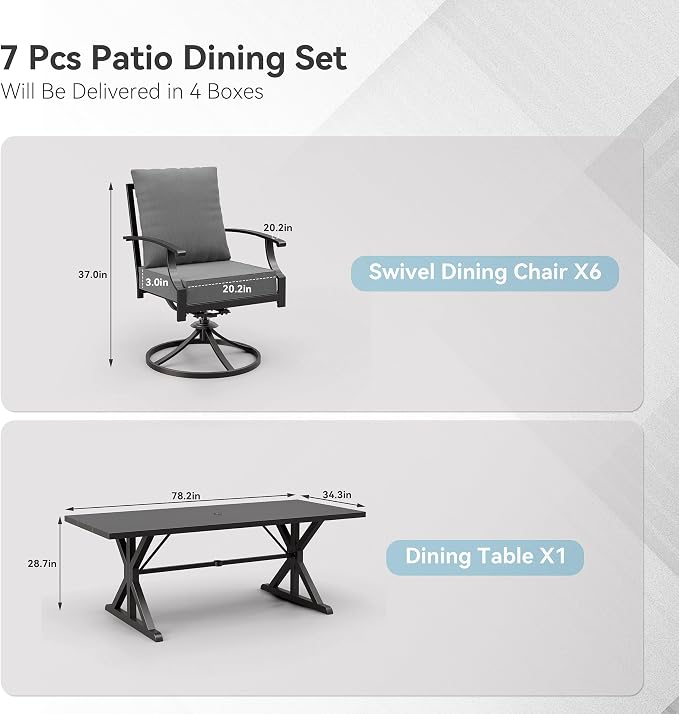 ALAULM 7-Piece Patio Dining Set,Outdoor Metal Dining Set with 6 Swivel Chairs & Rectangle Table with 1.5 Umbrella Hole, Patio Dining Table and Chairs for Backyard, Grey