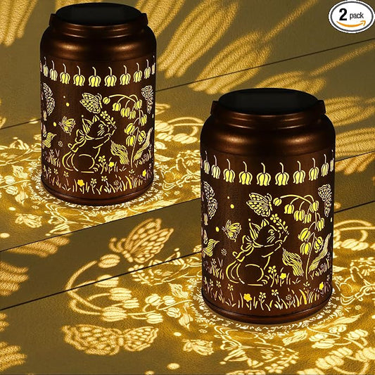 2 Pack Cats Solar Lanterns Outdoor Waterproof Garden Decor | Metal Hanging Solar Lights Birthday Gifts for Grandma Mom Solar Decoration Outside for Yard, Patio, Backyard, Porch