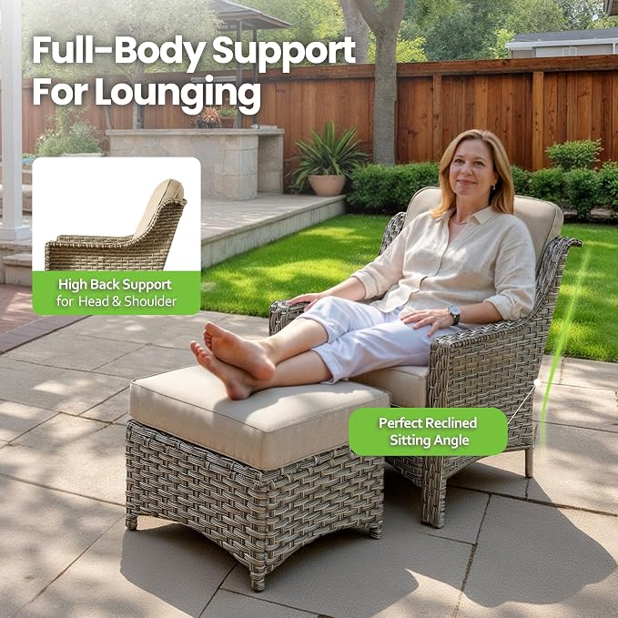 6 Piece Patio Furniture Set with Solar Lights Coffee Table, Outdoor Wicker High Back Sofa Chairs Ottomans with Cushions, All Weather Conversation Set for Backyard Porch Deck, Beige