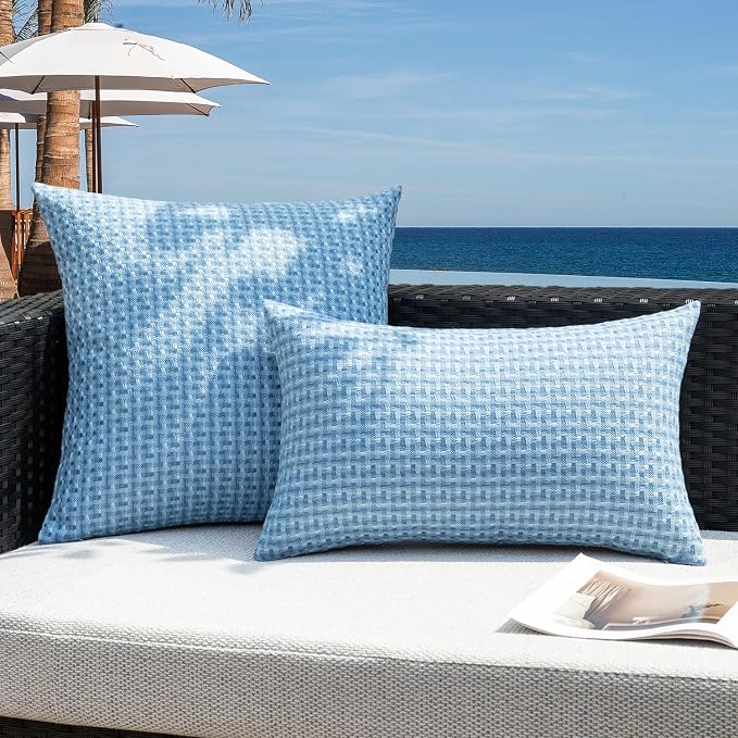 Kevin Textile Outdoor Waterproof 12"x24" Pillow Covers 2 Pack, Light Blue | Water Resistant Weaving Faux Linen Texture Throw Pillow Covers, Outside Decorative Pillowcases for Garden Patio Balcony Couch