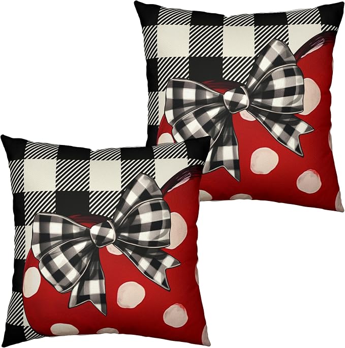 Valentines Day Throw Pillow Covers 22x22 Buffallo Plaid Valentines Pillow Covers Polka Dot Red Love Heart with Bow Decoarative Pillow Case for Living Room Couch Sofa