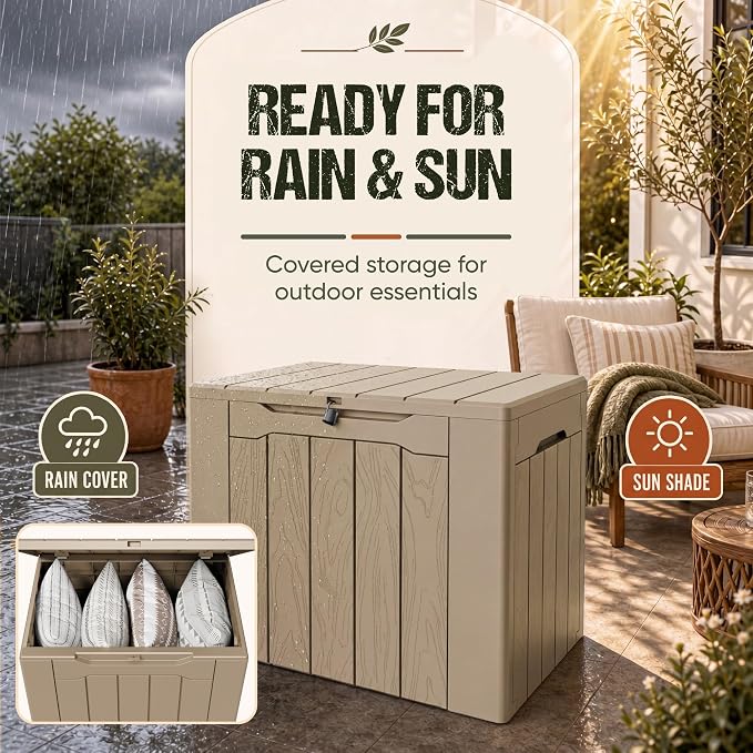 Flamaker Deck Box 30 Gallon, Waterproof Resin Small Storage Box with Lid, Outdoor Patio Furniture Cushion Garden Tool Organizer, Lockable Package Delivery Box for Porch Balcony (Brown)