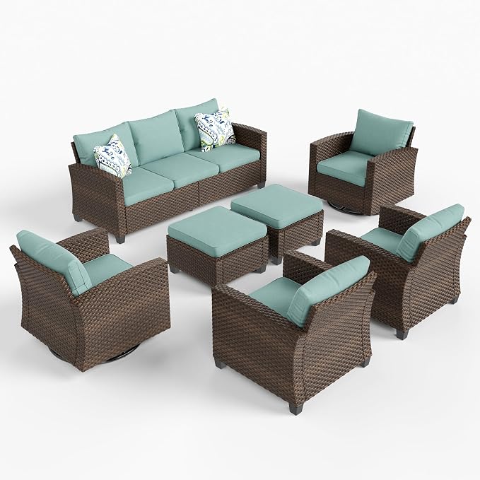 HERA'S HOUSE Patio Furniture Set with Swivel Glide Chairs, Outdoor Sectional Sofa Set, 7 Pieces Patio Conversation Sets for Lawn Backyard Deck, Brown/Blue