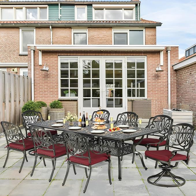 9-Piece Patio Cast Aluminum Dining Set, Outdoor Dining Furniture Set for 8 Person, Includes 94.5" Rectangular Dining Table, 6 Stationary, 2 Swivel Dining Chairs with Umbrella Hole, Red