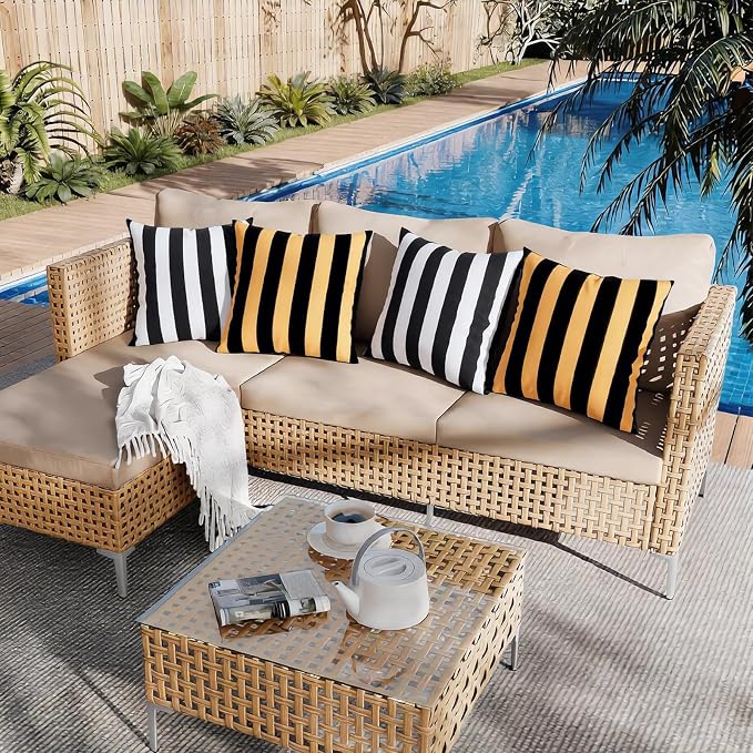 Outdoor Waterproof Throw Pillow Covers Pack of 2 Decorative Striped Cushion Cases Modern Farmhouse Sunbrella Cushion Covers for Patio Furniture Couch Balcony Garden Bench,18x18 inch Orange