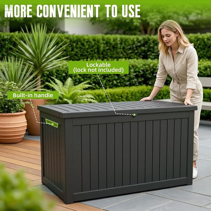 DRATO 280 Gallon Deck Boxes Outdoor Waterproof, Resin Large Lockable Storage Box, Outdoor Storage Bench for Patio Cushions Furniture, Garden Tools, Pool Accessories (Black, 280 Gallon)