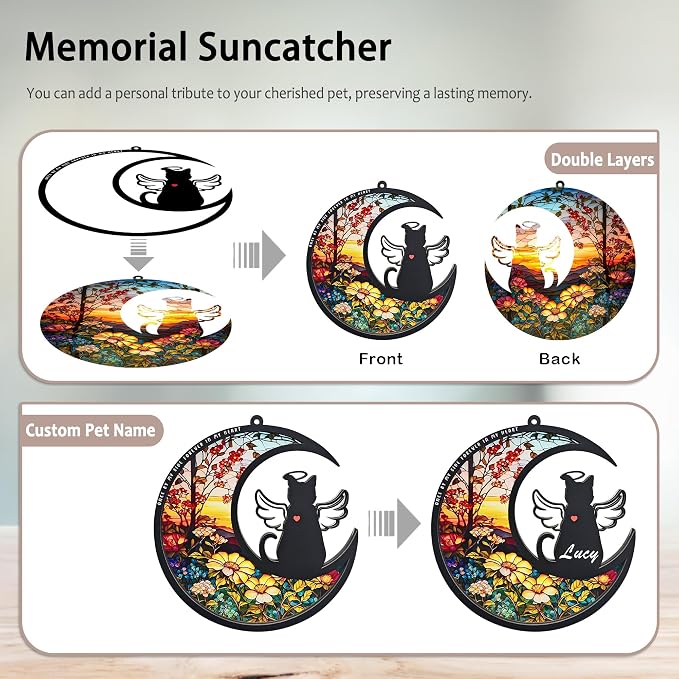 BamLue Cat-Angle Suncatcher Loss Sympathy Gift, 2-Layer DIY Memorial Sun Catcher, Pet Bereavement Gift, Gifts for Loss of Cat in Loving Memory