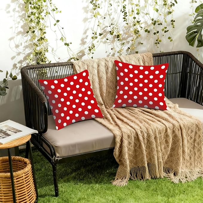 18x18 Inch Outdoor Pillow Covers Set of 2 Waterproof Throw Pillow Covers Decorative Couch Cushion Covers Red Polka Dot Square Pillowcases Protectors for Patio Garden Sofa