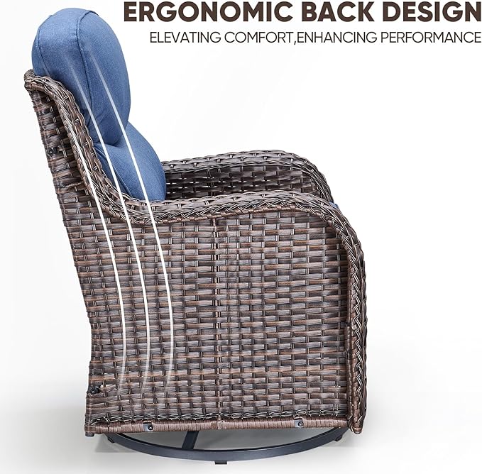 Swivel Patio Chairs sofa Set of 6 with 6" Thick Cushion - Wicker Outdoor Swivel Rocker Patio Chair ,Sofa/Glass coffee table, High Back Comfortable Outdoor Glider Chairs - Brown Wicker - Blue Cushions