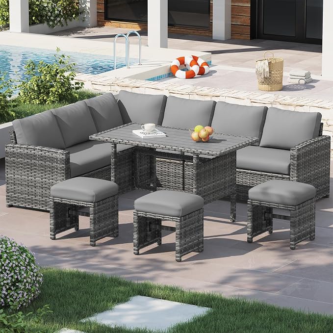 U-MAX 7 Pieces Patio Furniture Set, Outdoor Sectional Sofa Conversation Set, All Weather Wicker Rattan Dining Table & Chair with Ottoman, Grey Rattan&Grey Cushion