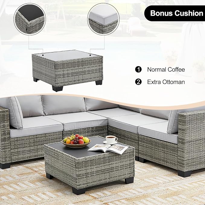 CANMOV 5 Pieces Patio Furniture Sets, All Weather Outdoor Patio Conversation Set, Wicker Rattan Sectional Sofa Couch with Glass Coffee Table, Washable Cushions for Backyard Garden, Porch, Light Grey