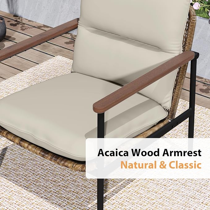 HAPPATIO 4-Piece Outdoor Furniture Set, Aluminum Patio Converation Set with Wicker Seat and Acacia Wood Armrest, 3-Seat Sofa Set with Olefin Cushion and Wood Table for Garden Lawn Backyard