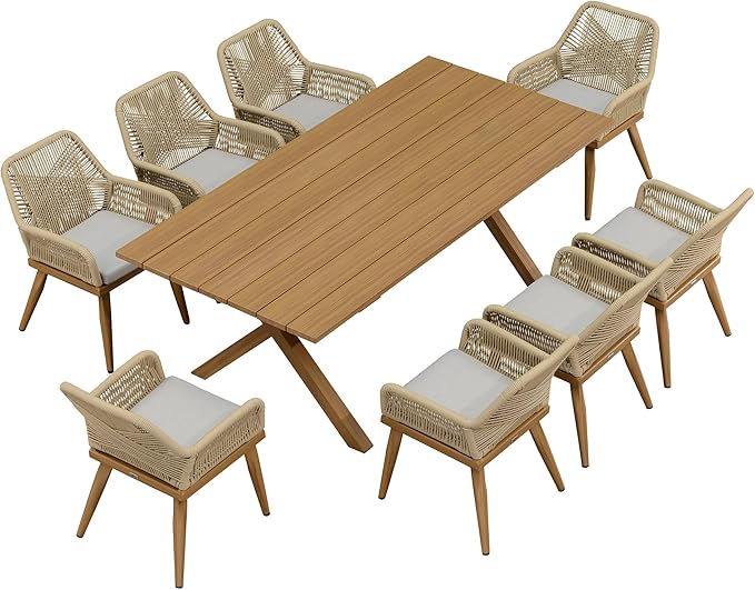 PURPLE LEAF 9 Pieces Outdoor Dining Set All-Weather PE Rattan Outdoor Patio Furniture Set with All Aluminum Frame Rectangular Table and Chairs Set for Lawn Garden Backyard Deck, Teak