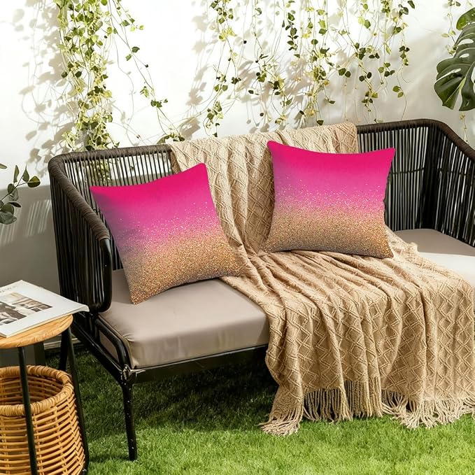 22x22 Inch Outdoor Pillow Covers Set of 2 Waterproof Throw Pillow Covers Decorative Couch Cushion Covers Pink Gold Glitter Square Pillowcases Protectors for Patio Garden Sofa