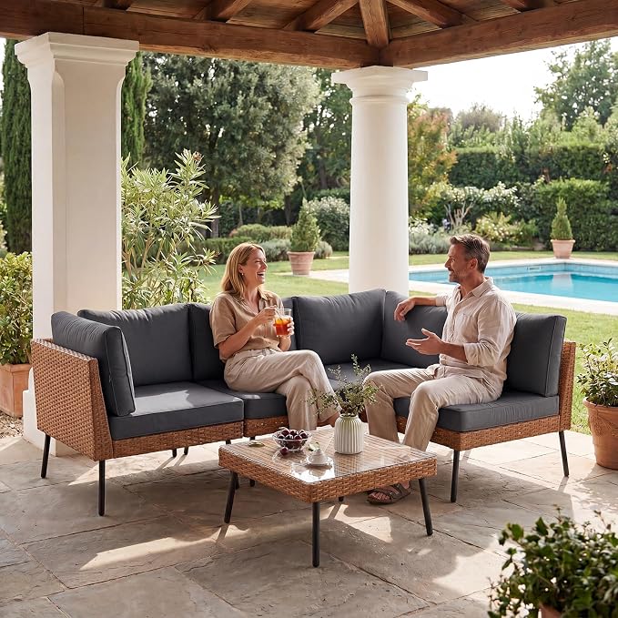 Aoxun 5-Piece Patio Furniture Set, Wicker Outdoor Furniture with Water Resistant Thick Cushions, Patio Conversation Set Outdoor Sectional Sofa with Coffee Table for Backyard Poolside, Black