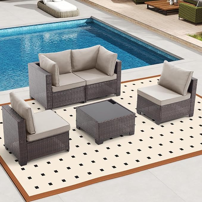 Bonzy Home 5 Pieces Outdoor Patio Furniture Set, PE Rattan Outdoor Sectional Furniture Sofa Set with Removable Cover and Glass Coffee Table, Patio Sofa for Balcony, Porch, Garden, (Brown-Grey)