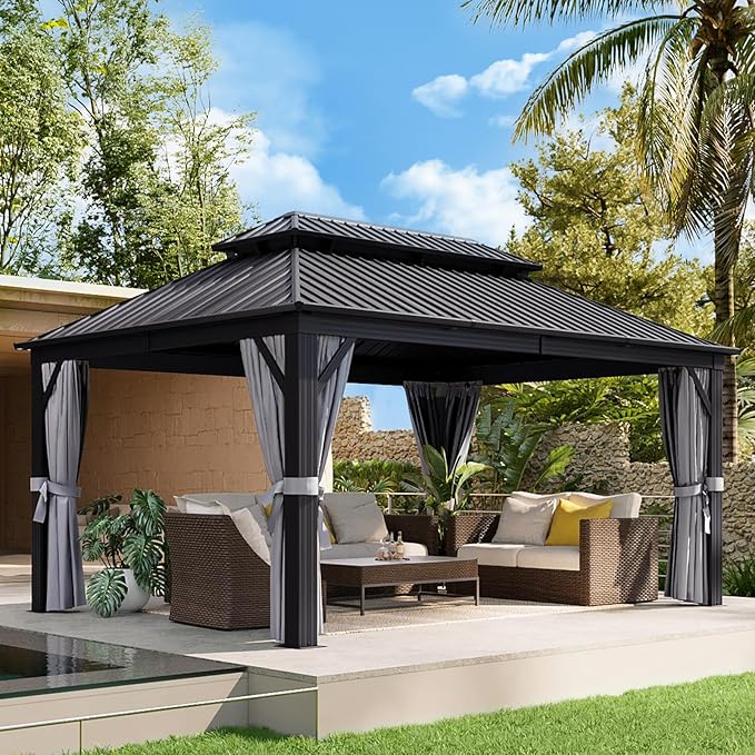 Aoxun 12FT X 16FT Hardtop Gazebo, Outdoor Pergolas with Mosquito Netting and Curtains, Galvanized Steel Double Roof Permanent Metal Gazebo, for Gardens, Decks, Patios, Parties
