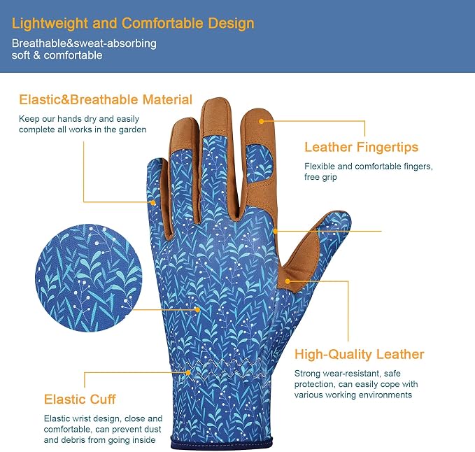 Bamllum Gardening Gloves for Women, Leather Garden Gloves | Breathable Garden Gloves with a Padded Palm, Flexible Fit and Elastic Wrist for Weeding, Digging, Planting and Pruning