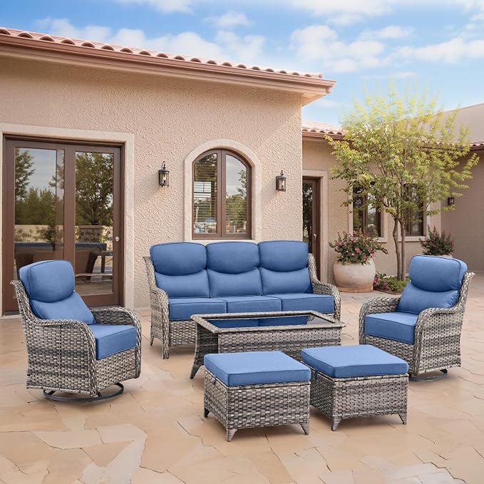 Swivel Patio Chairs Sofa Set of 5 with 6" Thick Cushion - Wicker Outdoor Swivel Rocker Patio Chair with Side Table, High Back Comfortable Outdoor Glider Chairs - Grey Wicker | Blue Cushions