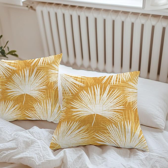 Throw Pillow Covers 24x24 Inch Set of 2, Golden Yellow Palm Leaves Waterproof Outdoor Pillow Covers, Summer Tropical Botanical Decorative Cushion Pillowcases for Couch, Sofa, Bed, Garden, Patio