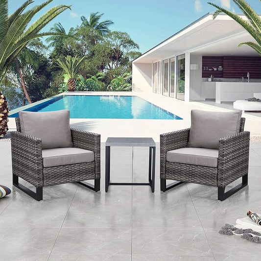 Belord Outdoor Bistro Set 3 Piece Outdoor Wicker Patio Chairs, Oversize Outdoor Rattan Seating Set, All-Weather Chairs Wicker Furniture with Metal Side Table and Water-Resistant Cushion for Outside