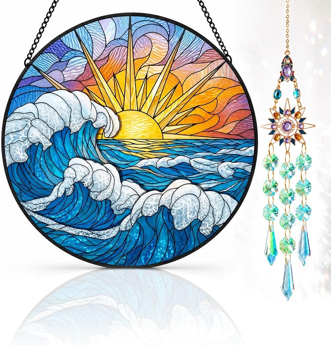 Deluxe Bundle | Stained Glass Window Hanging, Ocean Sunrise 3D Embossed Diamond Glass Suncatcher, 7-Piece Coastal Gift Set with Crystal Pendant & Invisible Hooks
