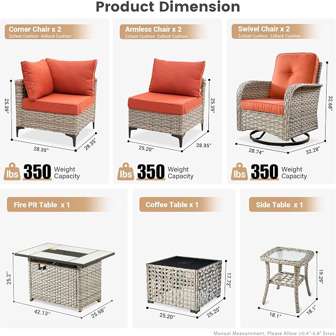 Outdoor Patio Furniture Sets,9 PCS Patio Conversation Set Outside Rattan Sectional Sofa with 42 in Square Fire Pit Table Wicker Rocking Chair Coffee Table Fit Backyard Garden Poolside Balcony