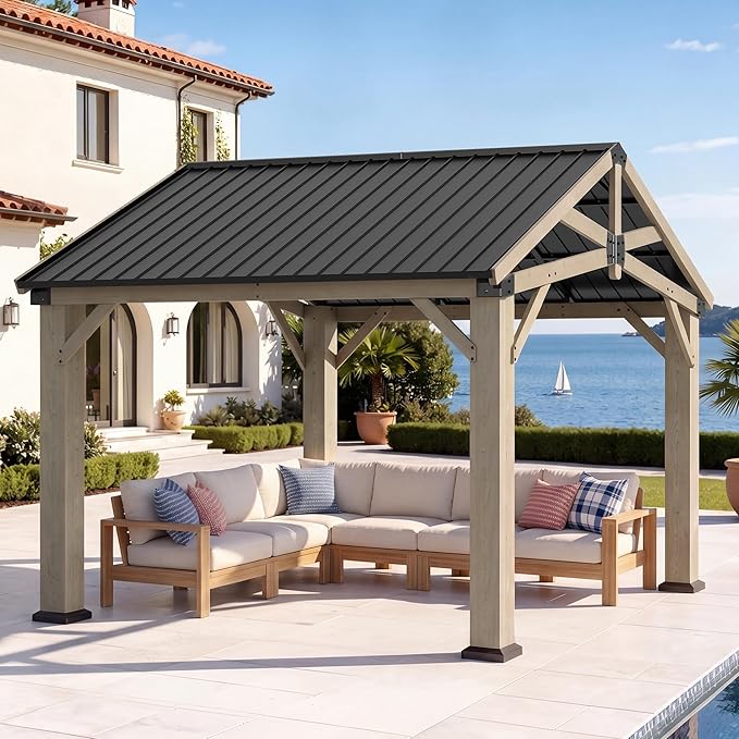 Aoxun 10' x 12' Outdoor Wood Gazebo, Hardtop Gazebo Permanent Wooden Pavilion with Galvanized Steel Gable Roof, for Patio, Garden, Backyard, Cedar Wood