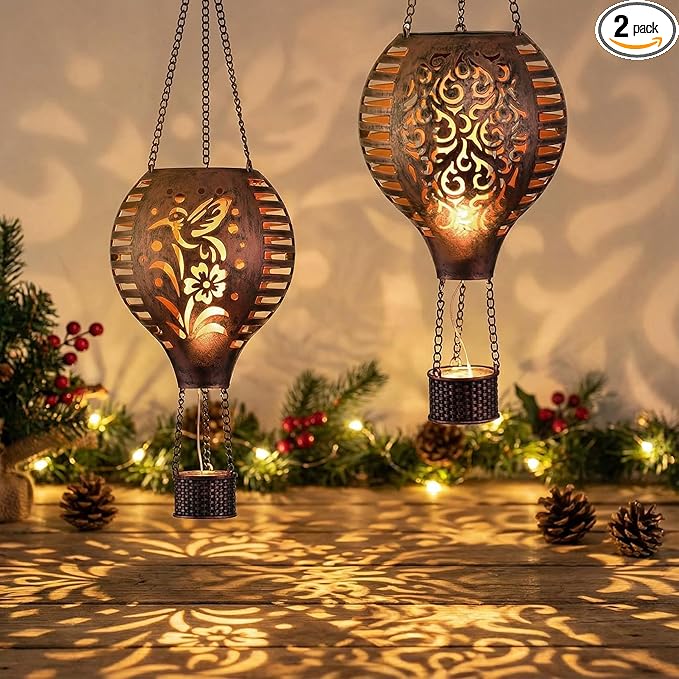 TERESA'S COLLECTIONS 2 Pack Hummingbird Flame and Hot Air Balloon Hanging Solar Lantern for Garden Decor, Outdoor Lights for Yard Decoration,Patio Yard Porch Lawn Ornaments as Gifts for Mom,18 Inch