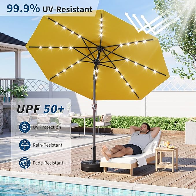 Garvee 10FT Solar Patio Umbrella with 32 LED Lights - Outdoor Table Umbrella with Crank Lift, Push Button Tilt and 8 Sturdy Ribs - Market Umbrella UV Protection for Pool, Deck, Yard, Garden -Yellow