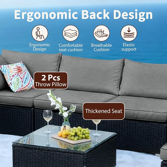 7 Pieces Black Patio Furniture Set - All-Weather Outdoor Sectional Wicker Conversation Sofa, Rattan Patio Seating Sofa Set with Grey Cushions and Glass Table for Porch Poolside, Spring 2026