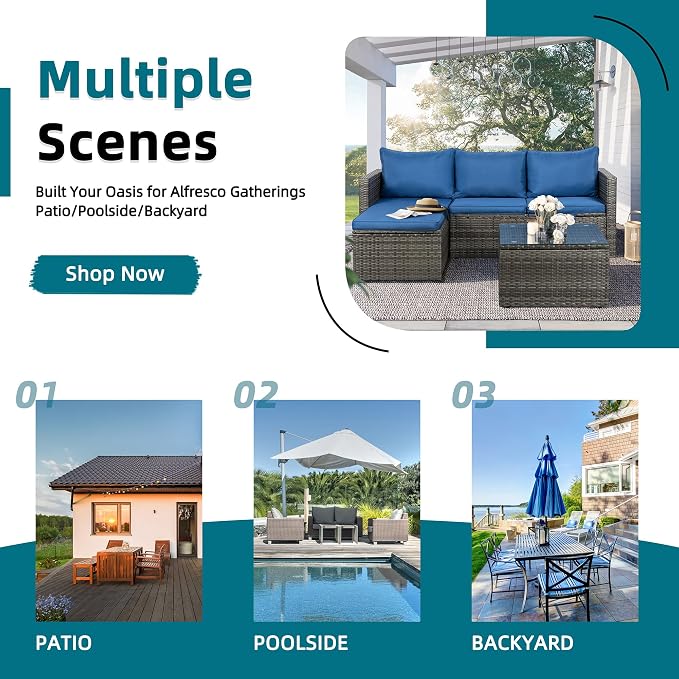 SUNLEI 3-Piece Patio Sectional Sofa, Patio Furniture Set with Detachable Soft Cushions, Outdoor PE Rattan Patio Conversation Sofa Set with Glass Coffee Table & Ottoman, Silver Rattan/Blue