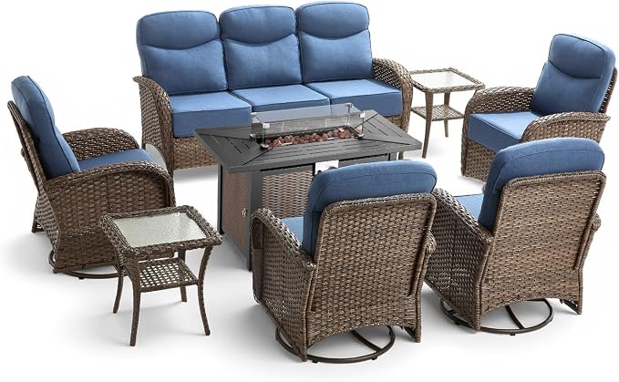 8 Pieces Luxury Patio Furniture Set with 42.5" Fire Pit Table, 6-Inch Thick Cushions Wicker Outdoor Furniture with Outdoor Rocking Chairs Set of 4, Outdoor Patio Conversation Set for Garden, Blue