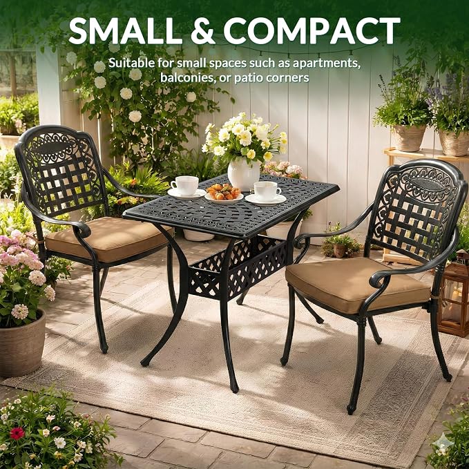 VIVIJASON 3 Piece Outdoor Dining Set, Cast Aluminum Patio Bistro Set with 42" x 24" Rectangular Table & 2 Cushioned Chairs, Rust Proof & Weather Resistant for Small Balcony, Porch, Garden, Deck