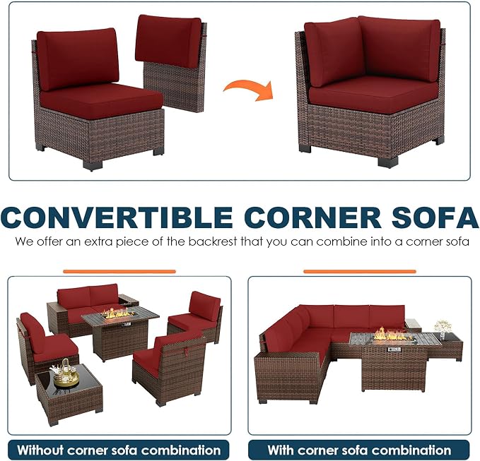 7 Piece Patio Furniture Set with Fire Pit Table, Outdoor Conversation Sets Wicker Rattan Sectional Sofa with Coffee Table for Patio Garden Backyard, 4'' Thickened Cushion Wine Red