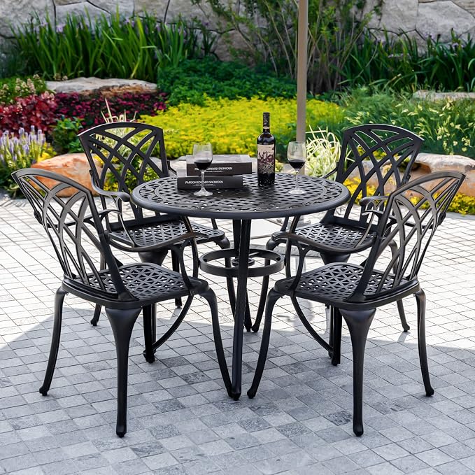 5 Pieces Outdoor Patio Dining Set, 36" Metal Outdoor Dining Set with 1.97" Umbrella Hole, Anti Rust Patio Furniture Set with 4 Chairs and Round Table for Garden, Porch and Poolside, Bronze