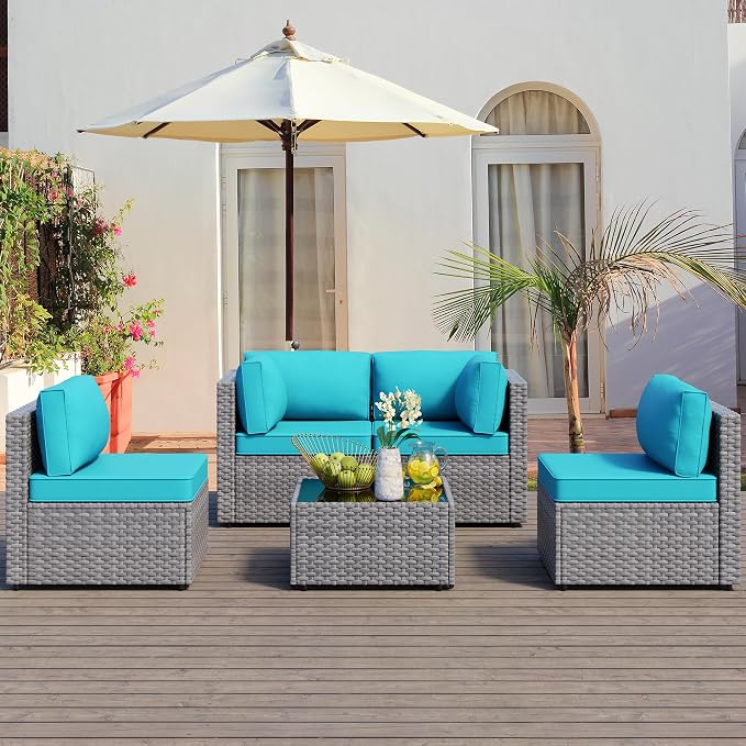 Patio Furniture Sets, 5 Piece Outdoor Sectional Sofas, Wicker Rattan Outdoor Furniture Patio Conversation Set, All-Weather PE Rattan Outdoor Couch for Backyard, Garden, Gray & Blue