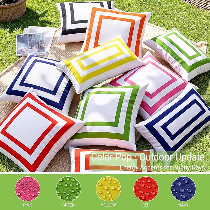 JOJOGOGO 12x20 Apple Green Frame Outdoor Lumbar Pillow Covers Waterproof & Sunproof Set of 2, White and Green Outdoor Decorative Lumbar Pillows for Patio Furniture and Porch Decor(Without Inserts)