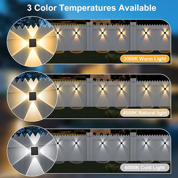 AUDLES Solar Fence Lights Outdoor, New 4-Way Lighting Fence Lights Solar Powered with 3 Modes 3000K/4000K/6000K, IP65 Waterproof Solar Wall Light for Backyard Wall Pathway Deck Patio Decor - 12 Pack