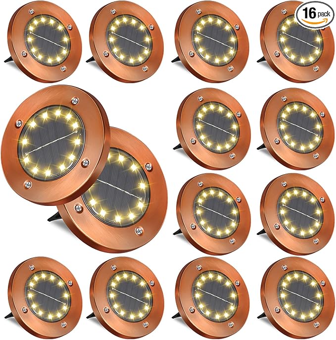 HOFLYW Outdoor In-Ground Lights Disc Outdoor Solar Garden Lights In Ground Landscape 16 Pack 12 led for Pathway Yard Patio Walkway(Bronze, 16 Pack)