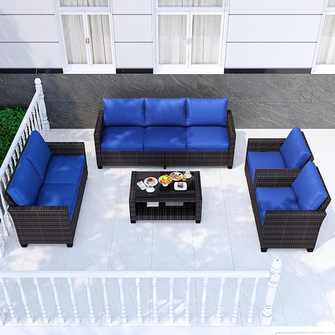 GAOMON 5-Piece Outdoor Patio Furniture Sets, 7 Seat PE Rattan Furniture Sectional Sofa Set with Storage Table, Patio Conversation Sets with Water-Repellent Cushions for Backyard, Deck, Poolside