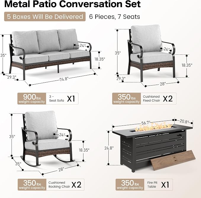 SUNSHINE VALLEY 5 Piece Black Metal Outdoor Patio Furniture Sets with Firepit Table, Patio Conversation Sets 1 3-Seater Sofa, 1 Loveseat, 2 Rocking Sofa with 5.75" Cushion for Backyard, Light Gray