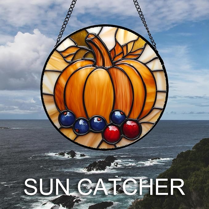 DASTOLL Stained Glass Window Hanging Fall Pumpkin Berries 6.3" - Suncatcher Door Garden Kitchen Sunroom Sun Catcher Autumn Home Decor Birthday for Mom Grandma Men Woman