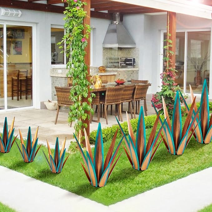 KODIBO 24" Metal Agave Plant Outdoor Decor, Large Garden Sculpture, Blue | Rust-Resistant Finish, Hand-Painted Metal, Tequila Rustic Sculpture, Desert Steel Yard Art, Southwestern Outdoor Garden Decor